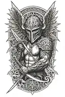 angel with a dragon tribal helmet holding a sword of fire tattoo design idea