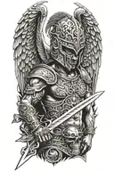 angel with a dragon tribal helmet holding a sword of fire tattoo design idea