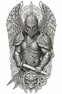 angel with a dragon tribal helmet holding a sword made of fire tattoo design idea