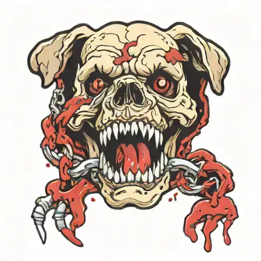 skull of a dog gnawing a chain with its mouth and some blood stains tattoo design idea