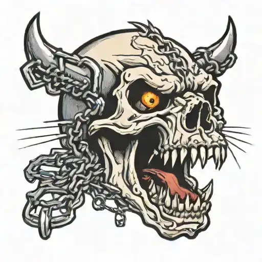 the skull of a mad angry dog ​​bites through the chain around it like a biker patch tattoo design idea