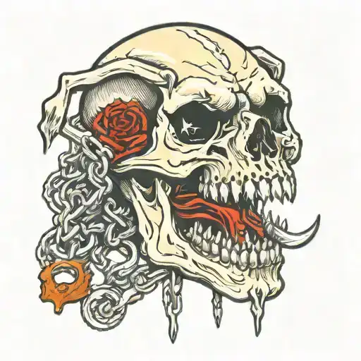 dog skull gnawing chain with mouth and some blood stains skull angled like biker patch tattoo design idea