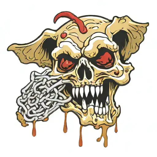 dog skull gnawing chain with mouth and some blood stains skull turned at an angle tattoo design idea