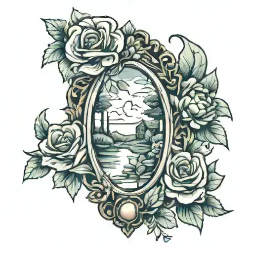 rear view mirror reflecting leaving home and floral around it tattoo design idea