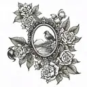 rear view mirror reflecting leaving home and floral around it tattoo design idea