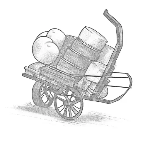 simplistic black and white tattoo of a midevil peasent pushing a cart up a hill. the cart is full of heavy weights and t tattoo design idea