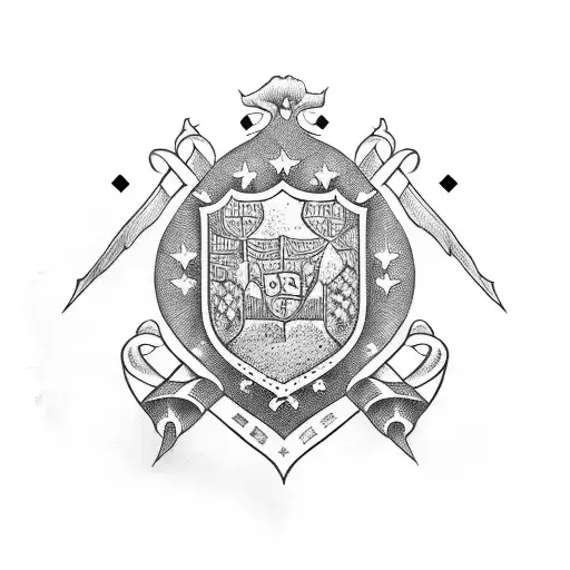 mccarthy family crest in black and white with dot shading around it tattoo design idea