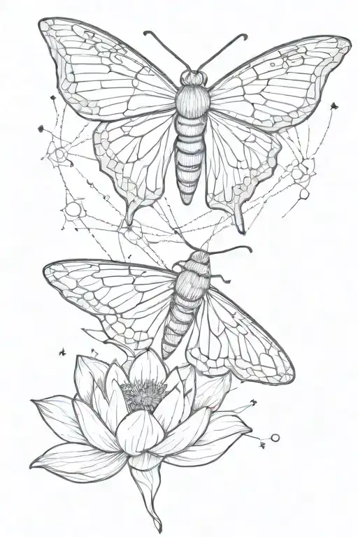 Moth over a lotus flower; geometric shapes; universe; everything is connected tattoo design idea