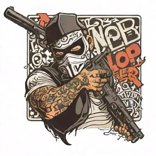 a masked man holding a gun with graffiti words above saying cop killer  tattoo design idea