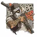 a masked man holding a gun with graffiti words above saying cop killer  tattoo design idea