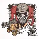 a masked man holding a gun with graffiti words above saying cop killer  tattoo design idea