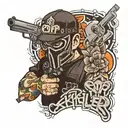 a masked man holding a gun with graffiti words above saying cop killer  tattoo design idea