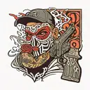 a masked man holding a gun with graffiti words above saying cop killer  tattoo design idea