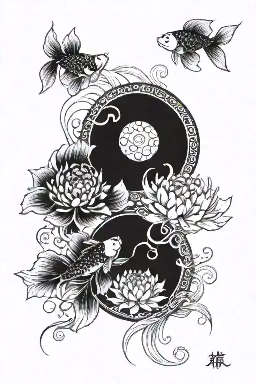 koi fish yin yang with chrysanthemum flower tattoo design idea
