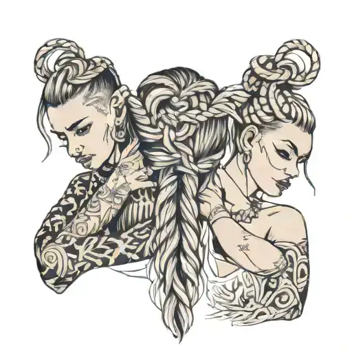 four people braiding each other's hair tattoo design idea