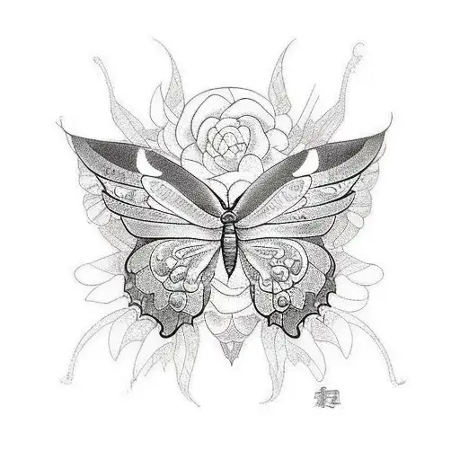 A sketch-style tattoo featuring a beautiful butterfly with intricate patterns, with the angel number 777 subtly incorporated into the wings tattoo design idea