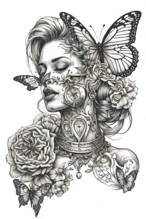 scale weighing the choice of heart or reason, held by a blindfolded woman, with a butterfly on her throat tattoo design idea