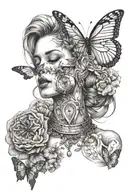 scale weighing the choice of heart or reason, held by a blindfolded woman, with a butterfly on her throat tattoo design idea