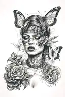 scale weighing the choice of heart or reason, held by a blindfolded woman, with a butterfly on her throat tattoo design idea