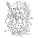 alastor hazbin hotel, sword, rose, teddy bear tattoo design idea