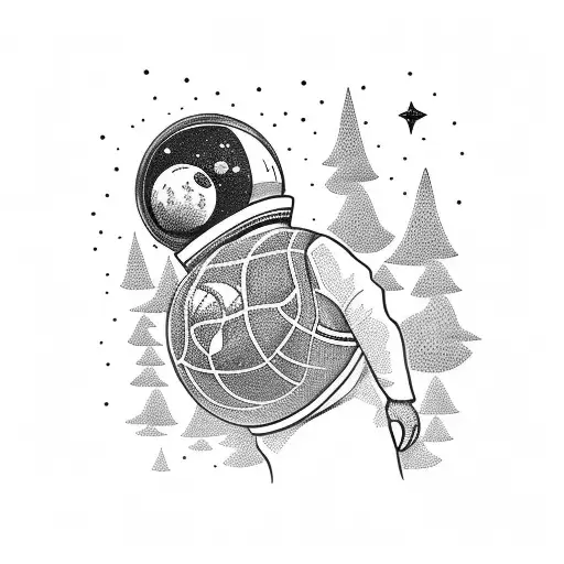 astronaut playong basketball with saturn tattoo design idea