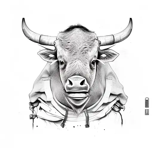 water buffalo head on human body wearing baggy white tshirt, baggy cargo pants and crocs  tattoo design idea