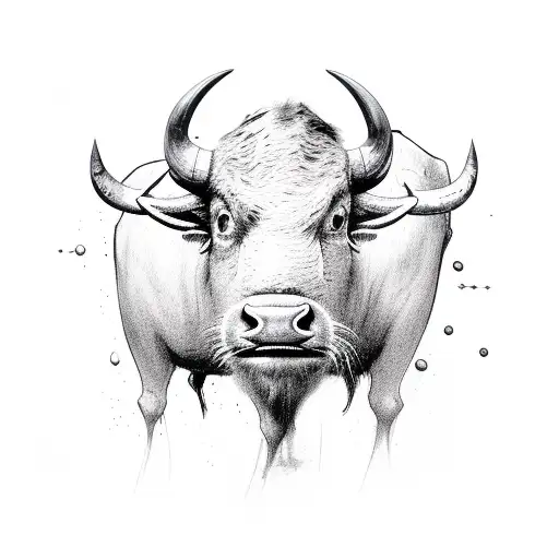 water buffalo head on human body standing on two feet  wearing baggy white tshirt, baggy cargo pants and crocs  tattoo design idea