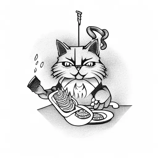 A monster chef grilling barbecue with a cat as their assistant tattoo design idea