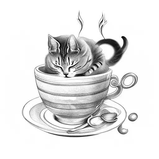A coffee cup with a cat sleeping on top, surrounded by swirling smoke tattoo design idea