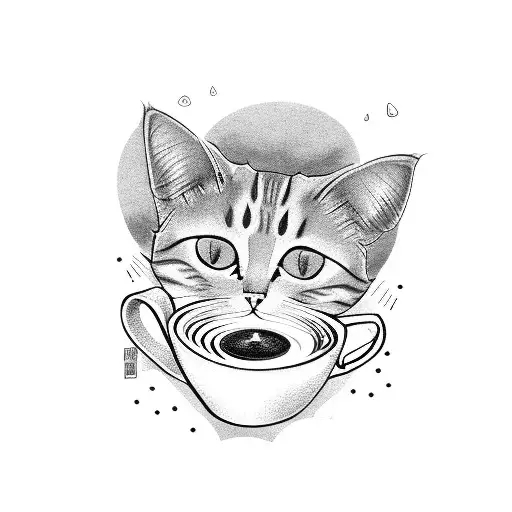 A cat wearing a Japanese kimono, holding a coffee cup and surrounded by smoke tattoo design idea