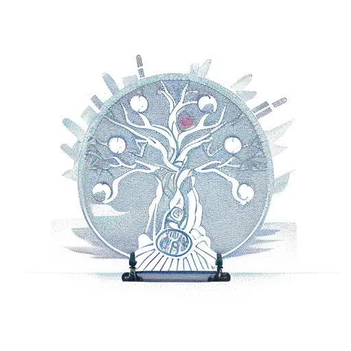 yggdrasil with a justice scale and a tractor for whole arm tattoo design idea