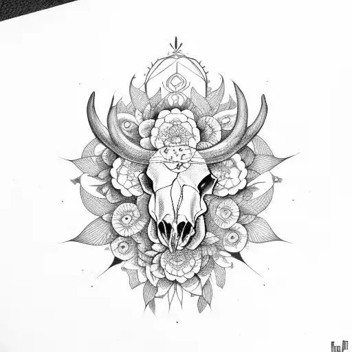 cow skull vines around horns mandala behind feathers and flowers tattoo design idea