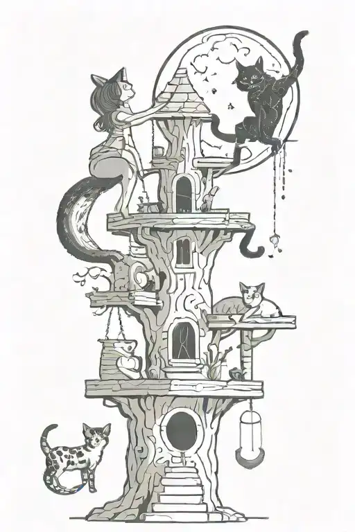 Woman and man reaching with demon horns moon and cat tree life  tattoo design idea