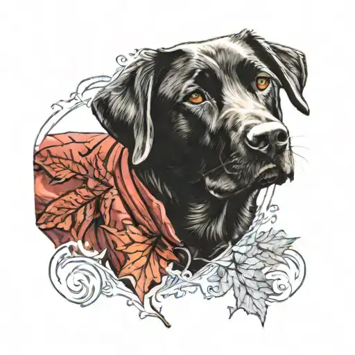 a black labrador retriever wearing a red jacket with a maple leaf on it tattoo design idea