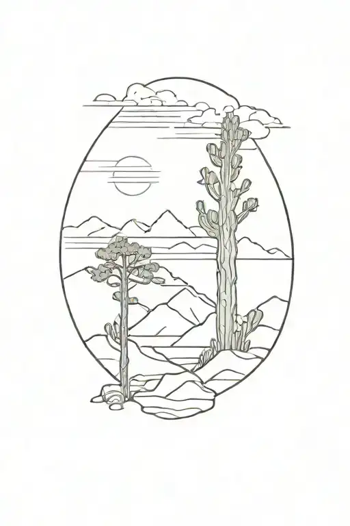 douglas fir tree - trunk is horizon with ocean, mountains, desert rocks, pine trees and cacti coming from either side tattoo design idea