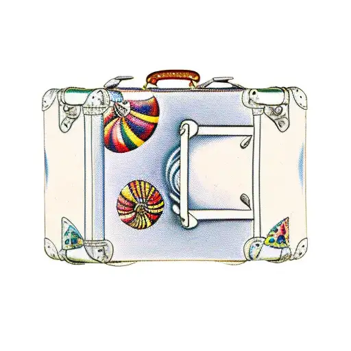 A vintage suitcase filled with books and shells tattoo design idea