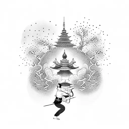 A dotwork tattoo of a martial arts master meditating under a cherry blossom tree tattoo design idea