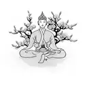 A dotwork tattoo of a martial arts master meditating under a cherry blossom tree tattoo design idea
