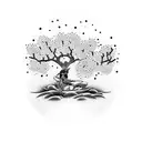 A dotwork tattoo of a martial arts master meditating under a cherry blossom tree tattoo design idea