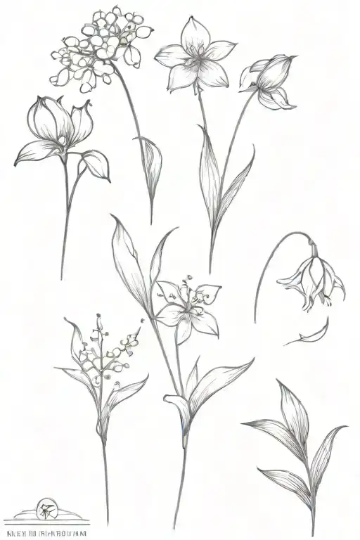 lily of the valley flower, tulip flower, forget me not flower, dandelion  tattoo design idea