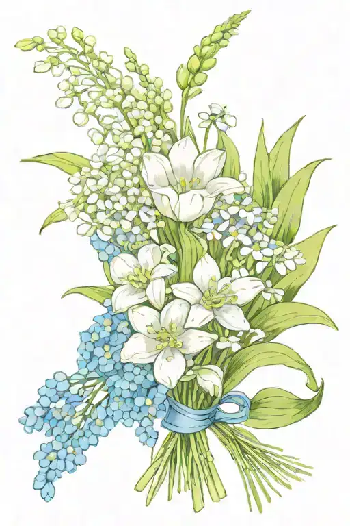 lily of the valley, tulip, forget me not , dandelion bouquet  tattoo design idea