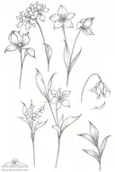 lily of the valley flower, tulip flower, forget me not flower, dandelion  tattoo design idea