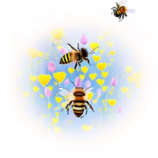 A bee flies over tulips and honey. All this in a heart-shaped frame tattoo design idea
