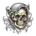 a decrepit skull made of gold and silver, eith no jaw bone, and with a big gem in the eye socket. it looks melted tattoo design idea