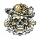 a decrepit skull made of gold and silver, eith no jaw bone, and with a big gem in the eye socket. it looks melted tattoo design idea