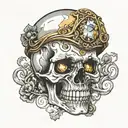 a decrepit skull made of gold and silver, eith no jaw bone, and with a big gem in the eye socket. it looks melted tattoo design idea