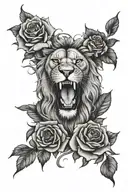 lion mouth open surrounded by roses tattoo design idea