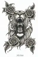 lion mouth open surrounded by roses tattoo design idea