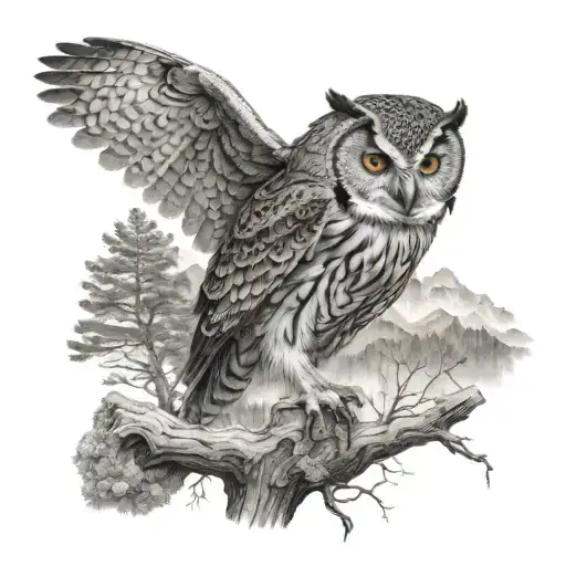 A stylized owl perched on a tree branch, with a background of a topographical map of a favorite hiking trail, done in black-grey for a realistic look tattoo design idea