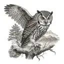 A stylized owl perched on a tree branch, with a background of a topographical map of a favorite hiking trail, done in black-grey for a realistic look tattoo design idea
